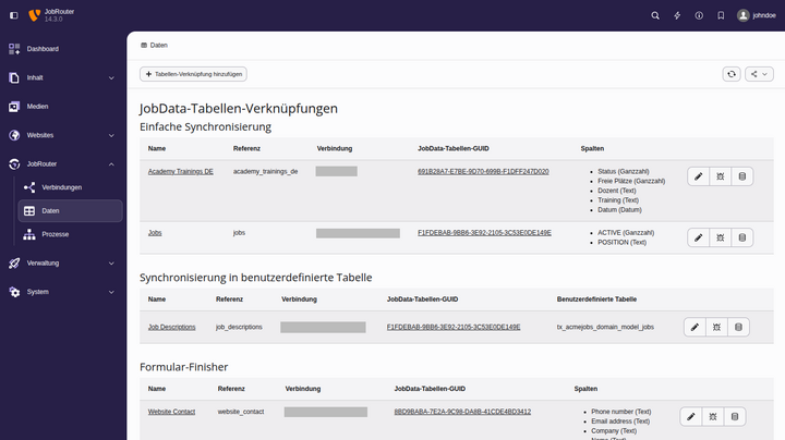 TYPO3-Backend-Modul zur Definition von Verknüpfungen zu JobData-Tabellen