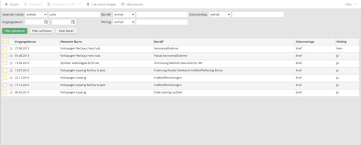 Übersicht Verträge mit Suchfunktion