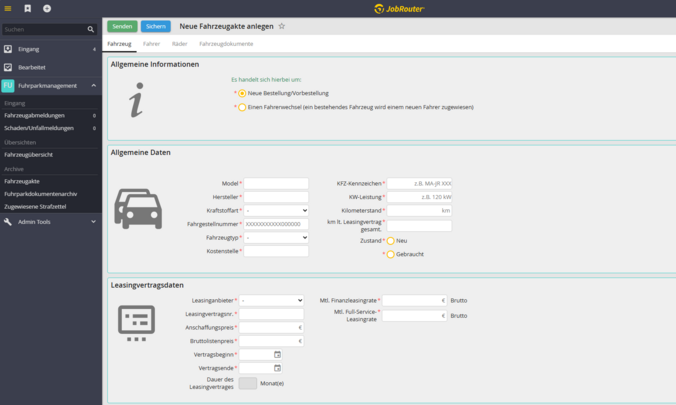 Digitale Neuanlage einer Fahrzeugakte im Fuhrparkmanagement: Erfassung von Fahrzeugstammdaten, Status, Laufleistung sowie Leasing- und Kosteninformationen.