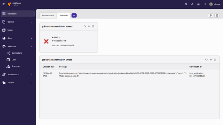 Dashboard widget for transmission status (storing data sets into JobData table)