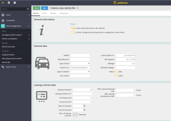 Digital creation of a vehicle record in fleet management, including vehicle master data, status, mileage, and leasing and cost information.