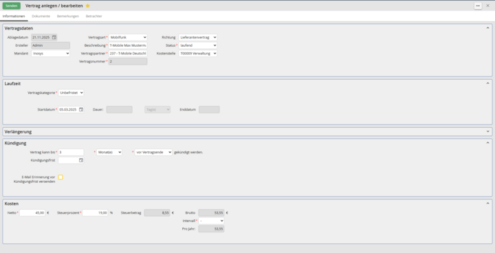Vertrag anlegen / bearbeiten