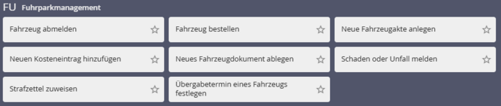 Start- und Prozessübersicht des Fuhrparkmanagements: Schneller Zugriff auf zentrale Funktionen wie Fahrzeuganlage, Übergabe, Schadensmeldungen und Dokumentenmanagement.
